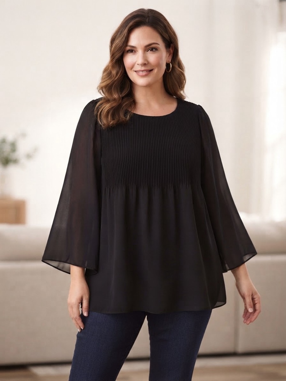 Max Studio Black Pleated Yoke Bell Sleeve Women's Chiffon Blouse